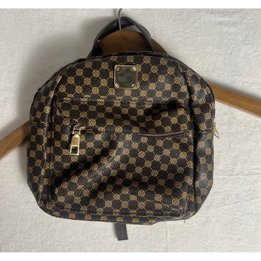 Mini Backpack Small Brown Monogram Faux Leather Gold Hardware Preppy Old Money